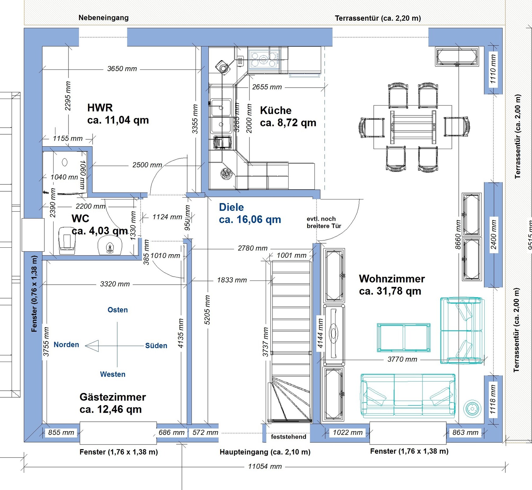 Grundriss eines Hauses mit Küche, Diele, Wohnzimmer, Gästezimmer, HWR, WC, Maße