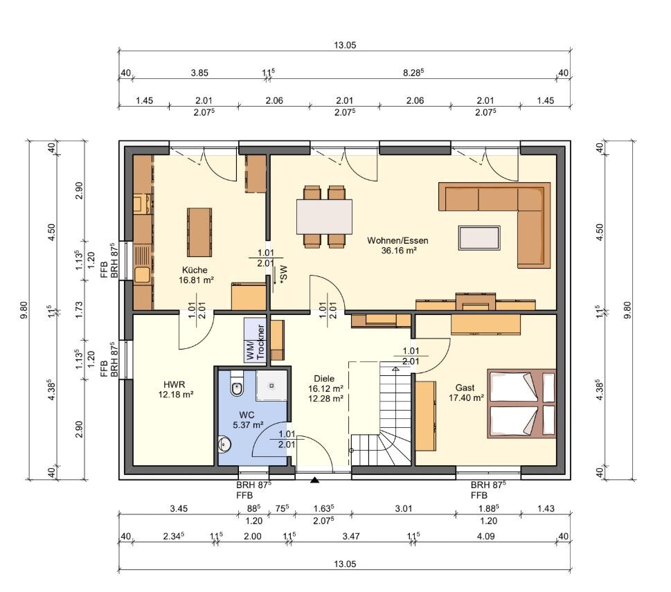 Grundriss eines Einfamilienhauses mit Kueche, Wohnen/Essen, Diele, WC, HWR und Gastzimmer