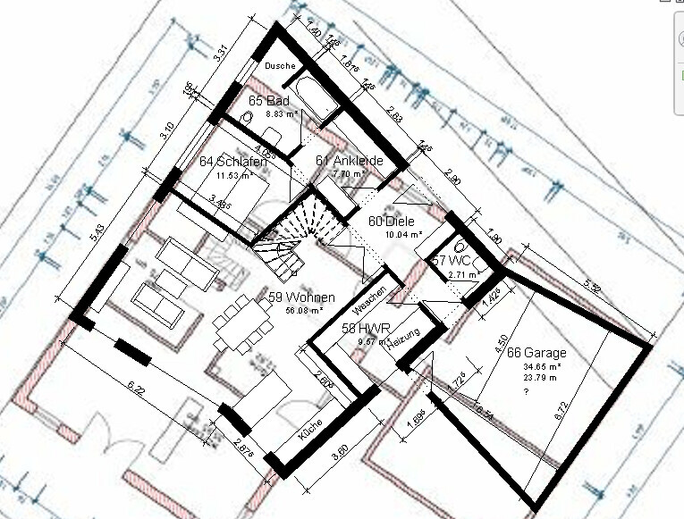 Grundriss eines Hauses mit Wohnzimmer, Kueche, Diele, Schlafzimmer, Bad, HWR.