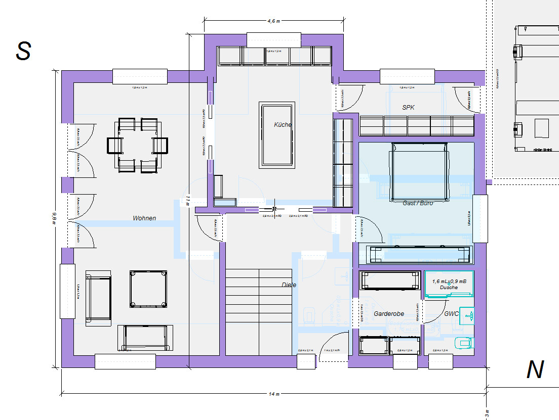 Grundriss eines Hauses: Küche in der Mitte, links Wohnen, rechts Gast/Büro, Treppe.