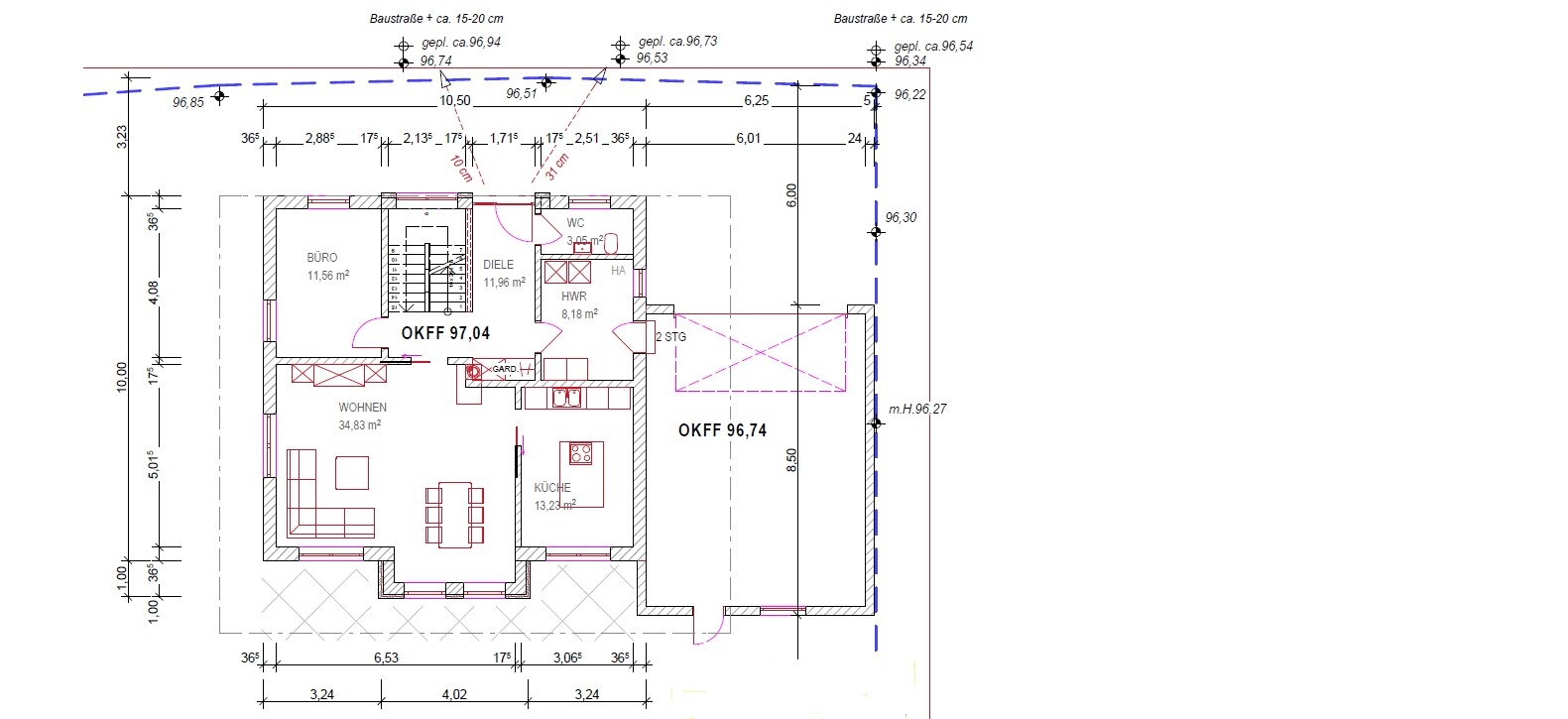 Detaillierter 2D-Grundriss eines Hauses mit Wohnzimmer, Küche, Diele und WC
