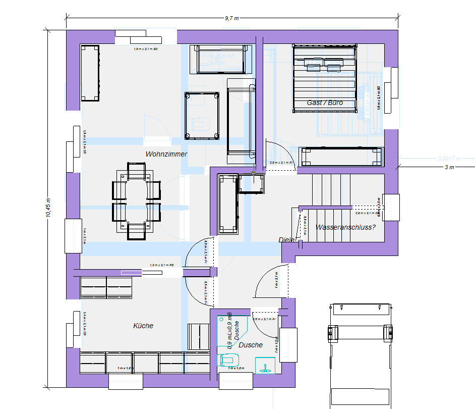 Grundriss eines Hauses mit Wohnzimmer, Küche, Dusche, Diele und Gäste/Büro.