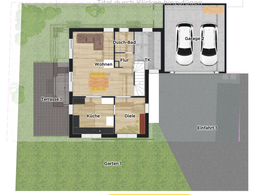 Grundriss eines Hauses mit Wohnzimmer, Küche, Dusche-Bad, Terrasse, Garage und Garten.