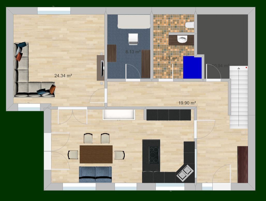 Grundriss eines Hauses: Großes Wohnzimmer links, Küche/Essen in der Mitte, Bad rechts, Flur, Treppe.