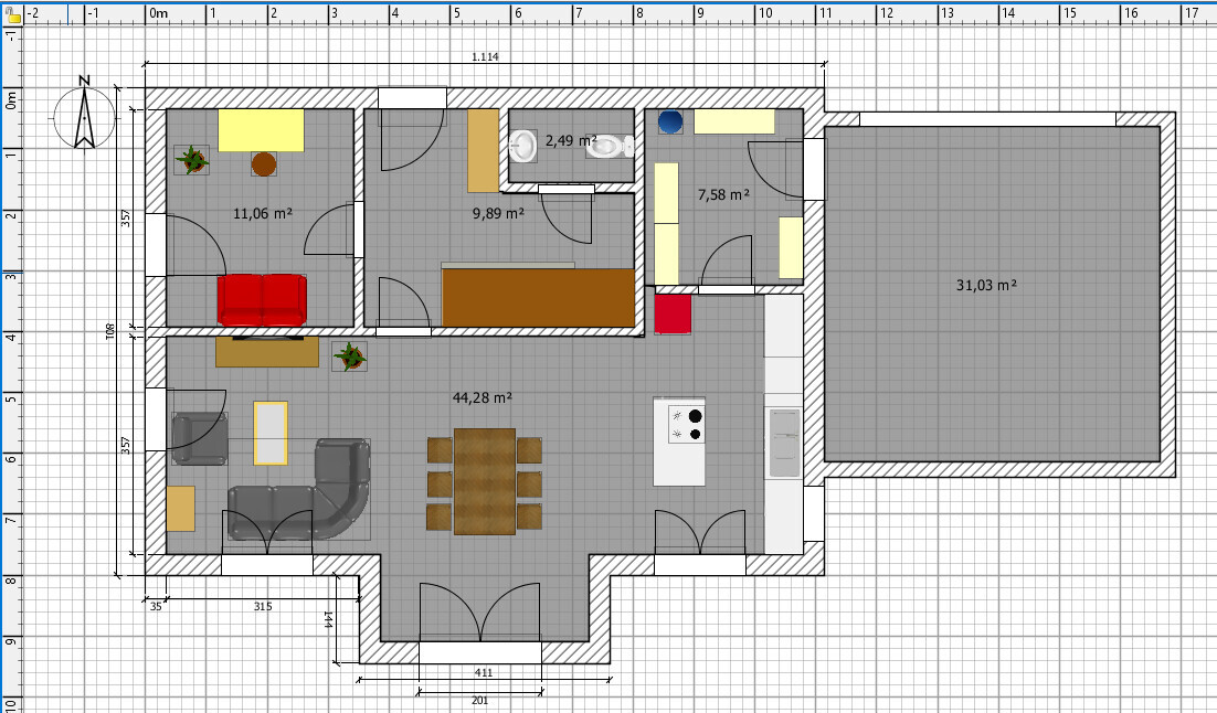 Grundriss: Wohnzimmer, Küche, Essbereich, Schlafzimmer, Bad, Arbeitsbereich, Flur und Garage.