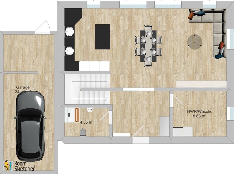 Grundriss eines Hauses: Garage mit Auto links, offener Wohn-/Essbereich, Treppen, HWR/Wäsche rechts.
