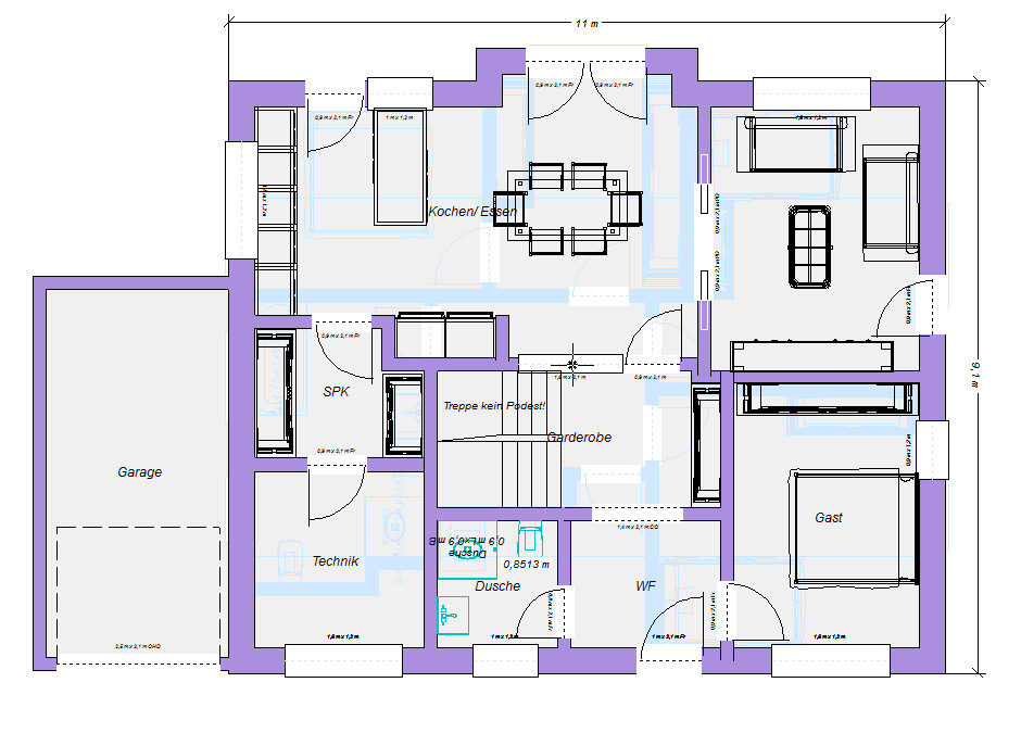 Grundriss eines Hauses mit Garage, Küche, Essbereich und Wohnzimmer