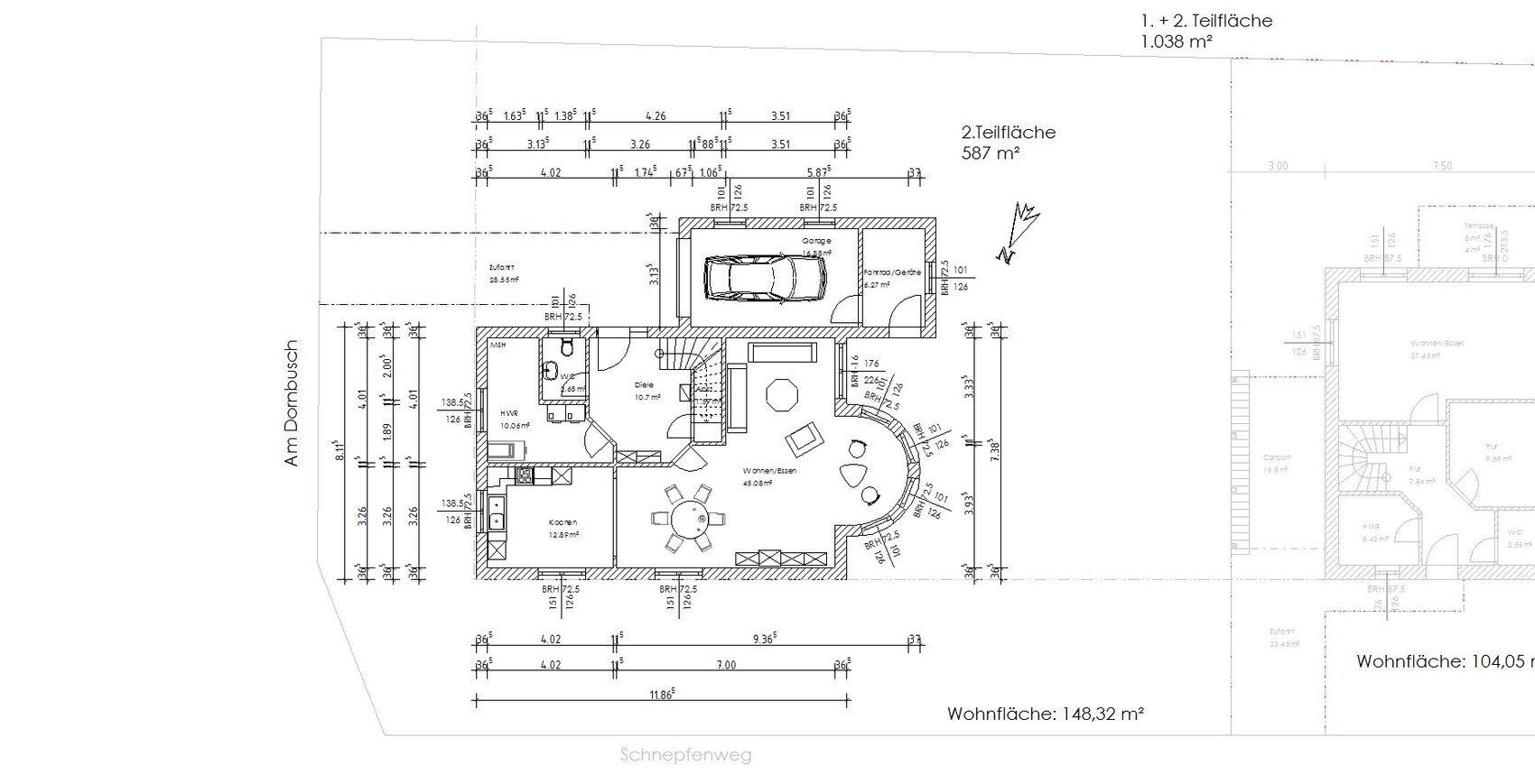 Detaillierter Grundriss eines Hauses mit Garage, Küche, Wohnen/Essen, Diele, HWR, WCs.