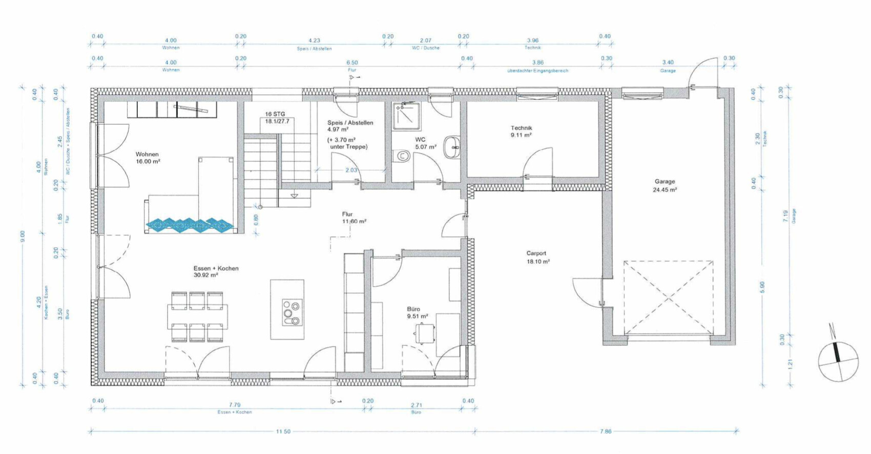 Detaillierter 2D-Grundriss eines Hauses mit Wohnzimmer, Küche, Essbereich und Garage