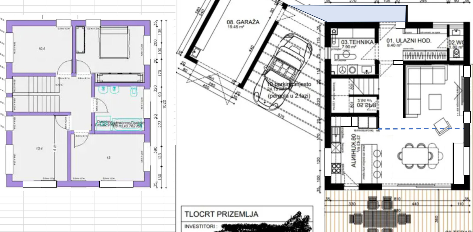Dreiteiliger Bauplan mit Garage, Küche, Wohnbereich und Technikraum.