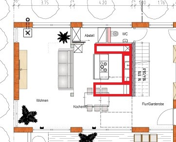 Grundriss eines Hauses mit Wohnzimmer, Küche und Essbereich; roter Umriss markiert Küche.