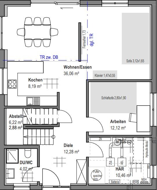 Grundriss eines Hauses: Wohnen/Essen, Küche, Diele, Abstellraum, Arbeiten, Schlafbereich, Bad.