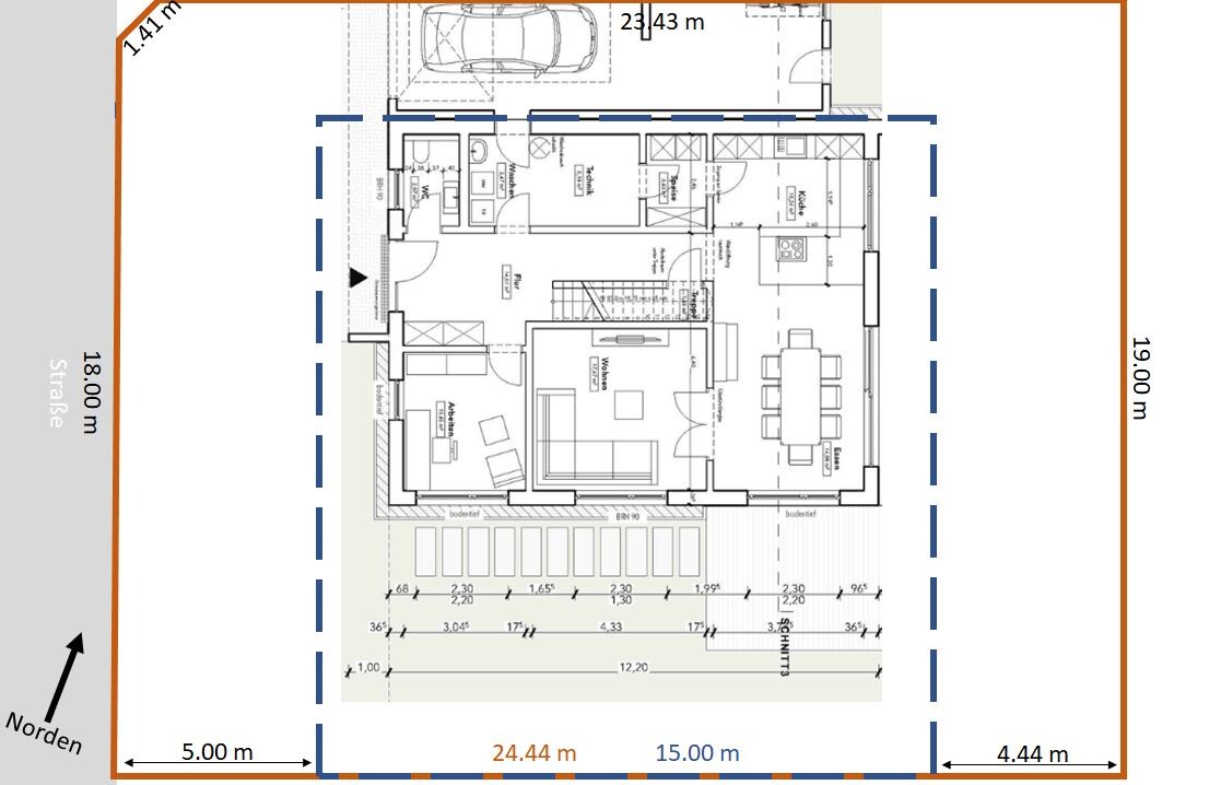 Grundriss eines Hauses: Wohnzimmer, Esszimmer, Küche, Schlafzimmer, Bad, Garage