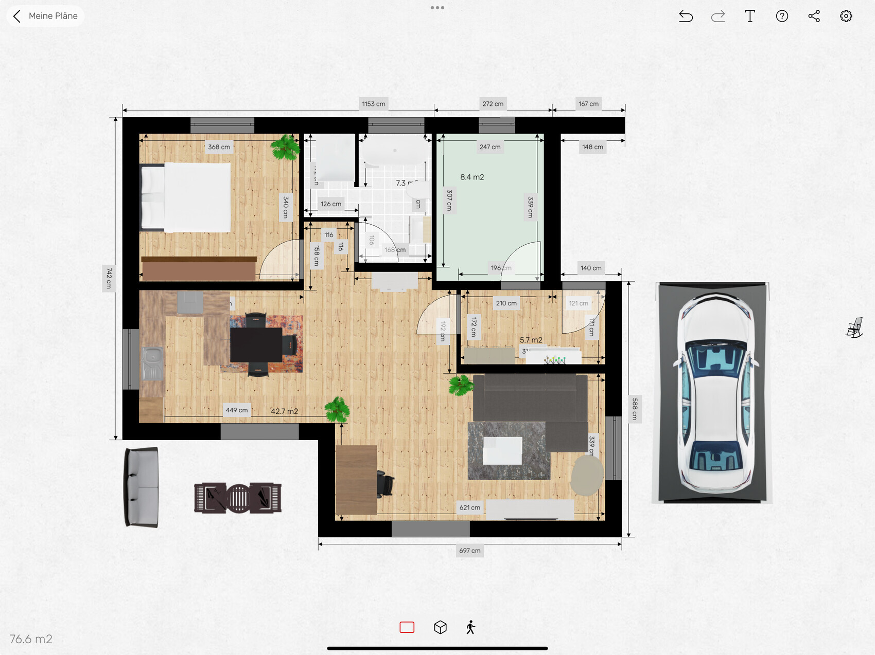 Top-Down-Grundriss: Wohnzimmer, Schlafzimmer, Küche, Bad, Flur, Garage mit Auto.