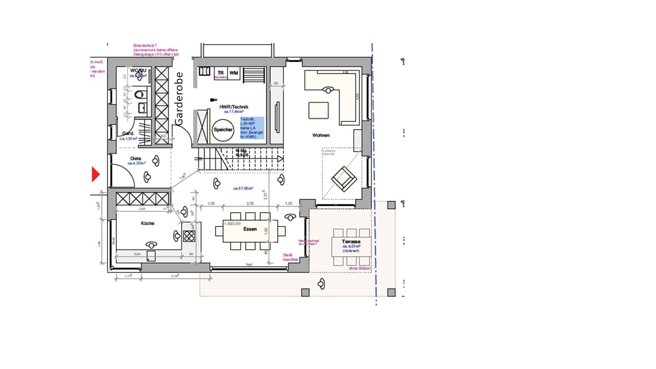 Grundriss eines Wohnhauses: Küche, Essen, Wohnen, Terrasse; Diele, Garderobe; Eingang links.