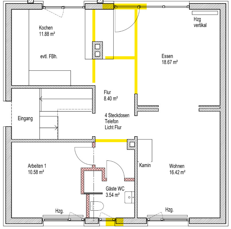 Grundriss eines Hauses mit Küche, Essbereich, Wohnzimmer, Flur und Gäste-WC