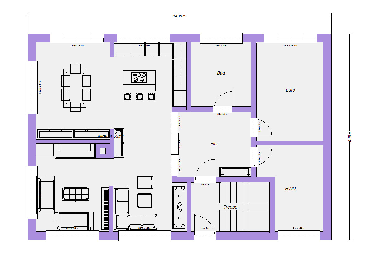 Grundriss: offenes Wohn- und Arbeitsbereich mit Küche, Essbereich, Bad, Büro, Flur, Treppe.