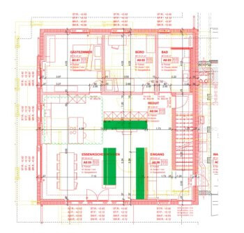 Detaillierter 2D-Hausgrundriss mit Eingangsbereich, Wohnzimmer, Küche und Bad.