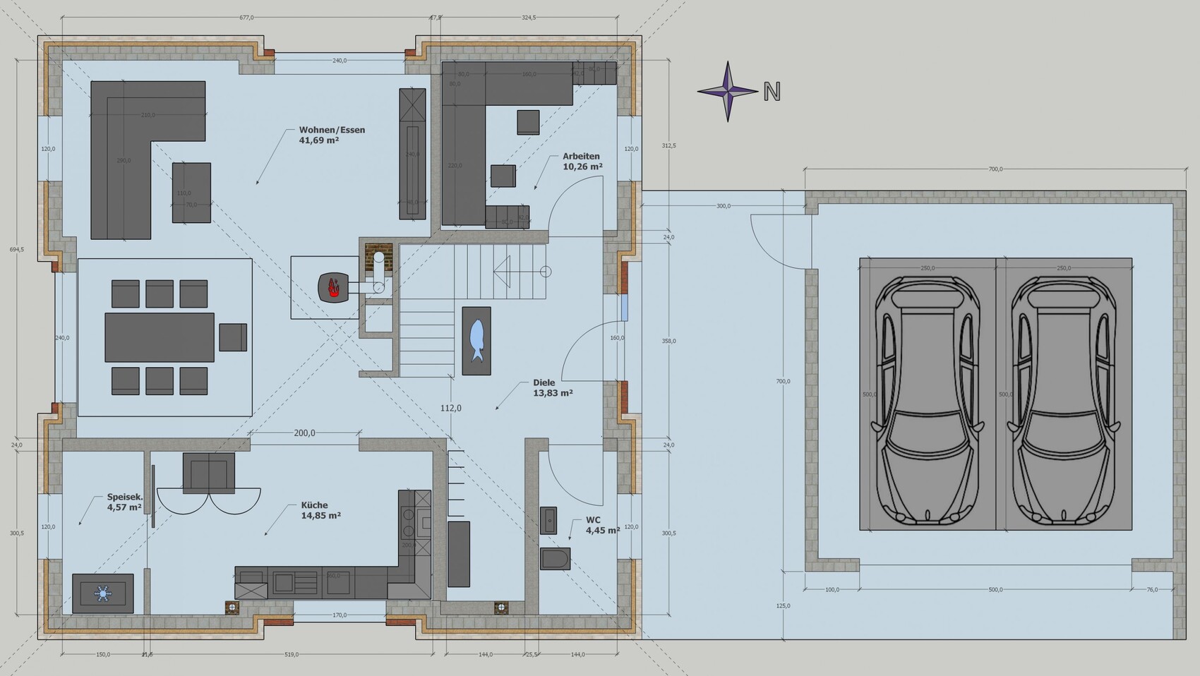 Grundriss eines Hauses: Wohn-/Esszimmer, Küche, Diele, Arbeitszimmer, WC, Speisekammer, Doppelgarage