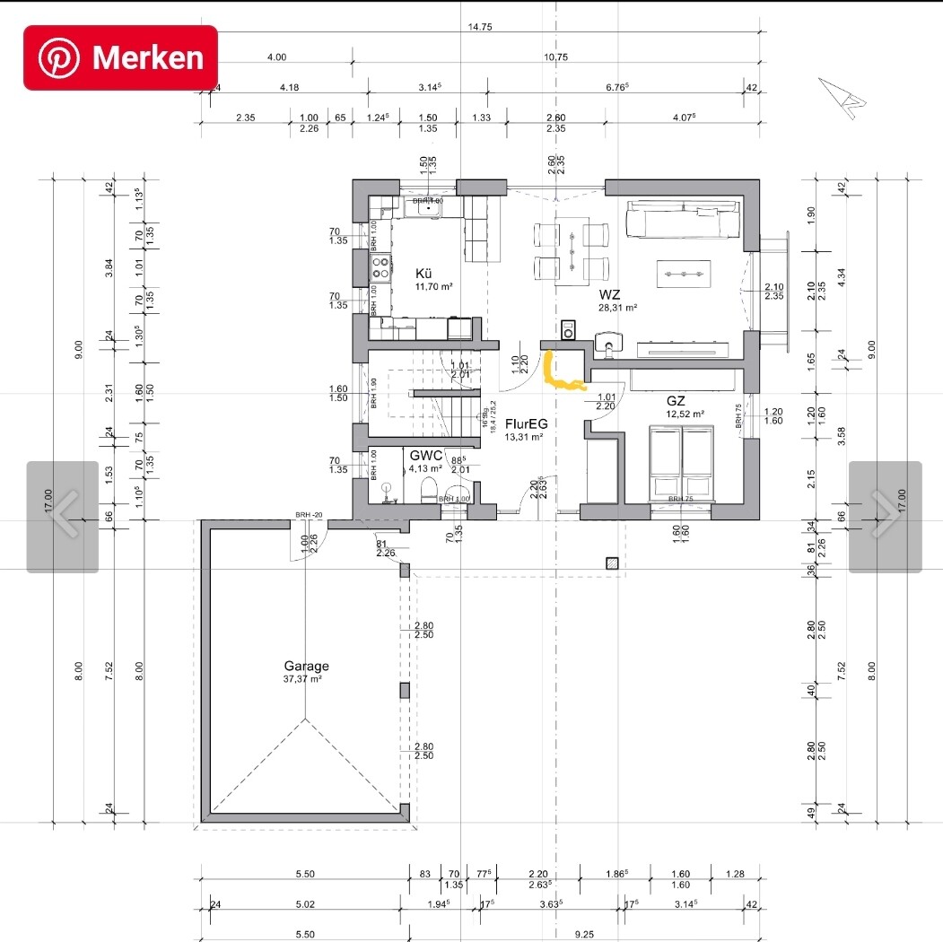 Grundriss Erdgeschoss eines Einfamilienhauses mit Küche, WZ, Flur, Gäste-WC, Gästezimmer und Garage.
