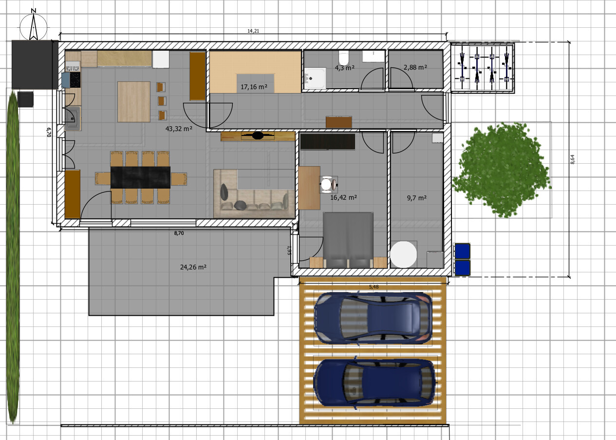 Grundriss eines Hauses: Küche, Essbereich, Wohnzimmer, Schlafzimmer, Bad, Garage, Garten.