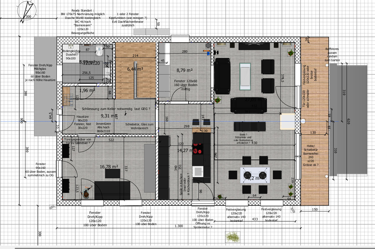 Grundriss eines Hauses: Wohn-Essbereich, Küche, Bad, Schlafzimmer, Treppe, Terrasse.