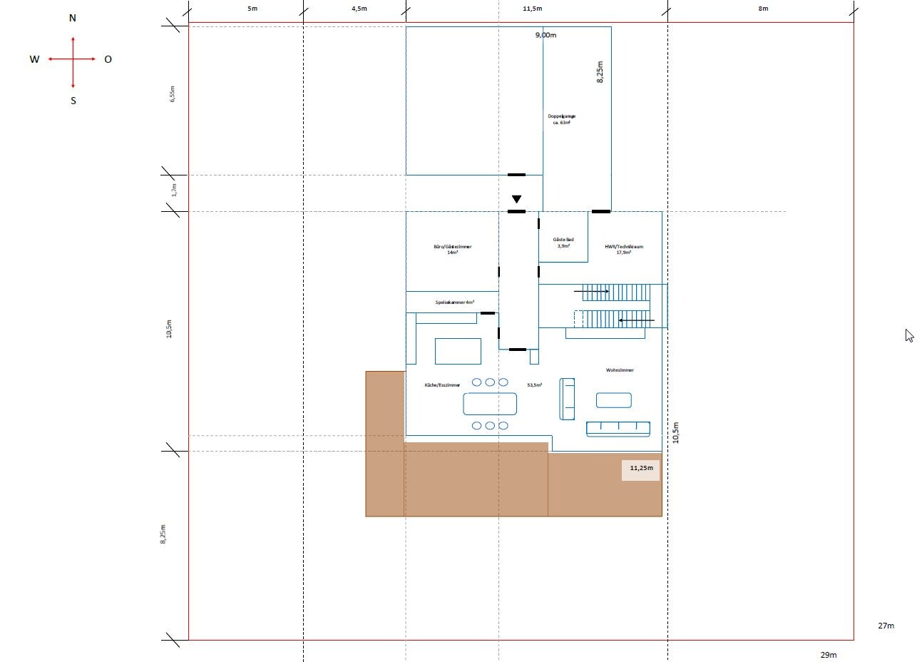 Grundriss eines Hauses: Küche/Essen, Wohnzimmer, Büro, Bad, HWR, Treppe, Terrasse