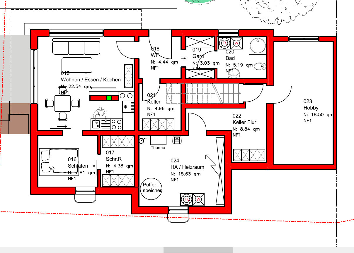 Grundriss eines Hauses mit Wohn-/Ess-/Kochbereich, Schlafzimmer, Keller, Bad und Hobbyraum.