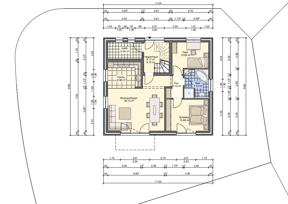 Grundriss eines Hauses: Wohnen/Essen, Küche, Schlafen, Bad, Flur, Gast, HWR, Treppenhaus