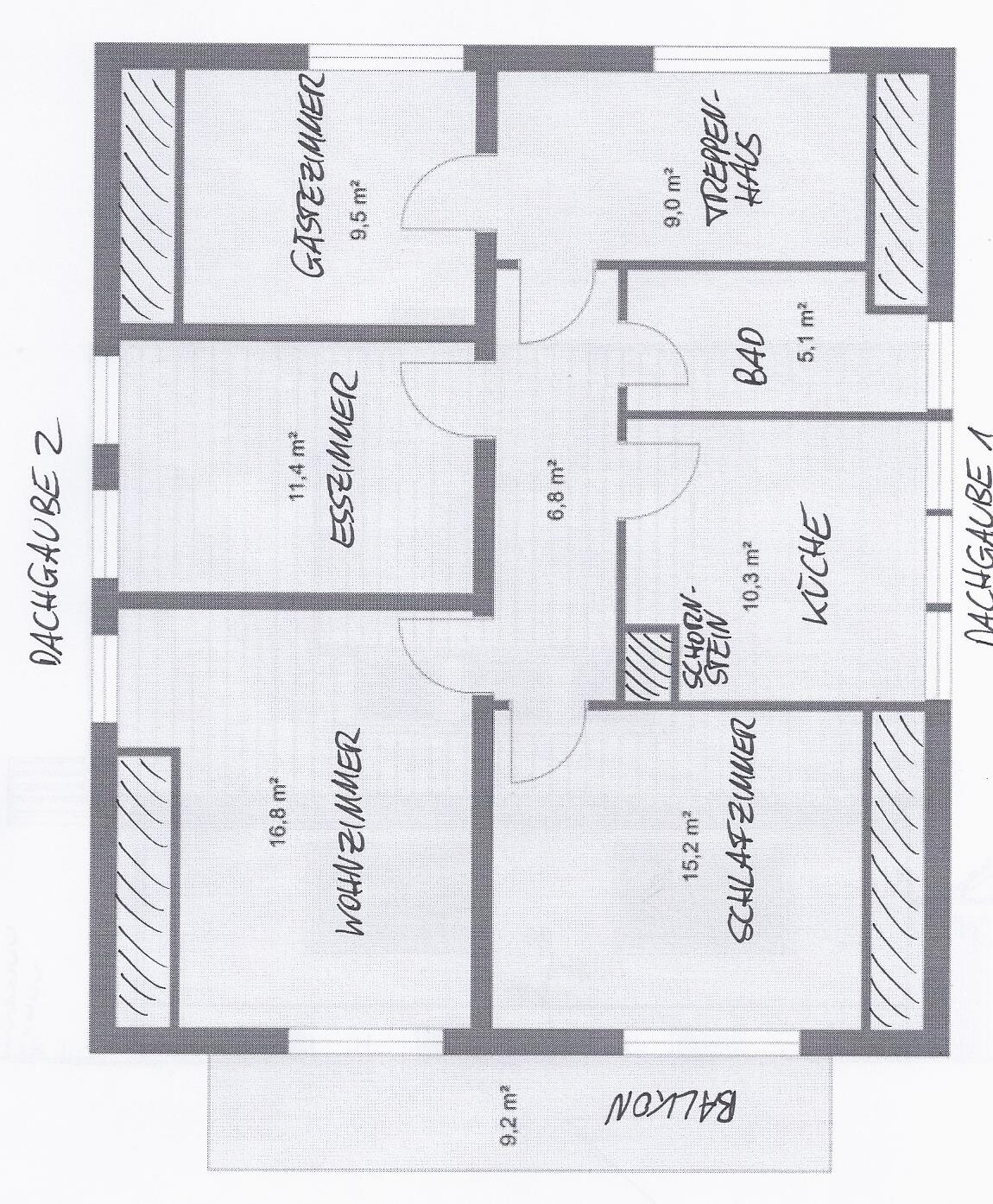 2D-Grundriss eines Hauses mit Wohnzimmer, Kueche, Schlafzimmer und Bad
