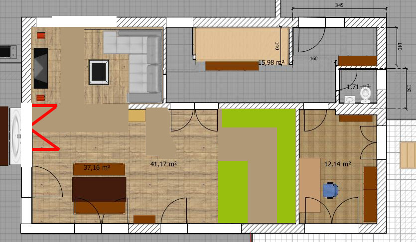 Grundriss eines Wohn- und Arbeitsbereichs mit Sofa, TV, Esstisch, Büro und Bad.