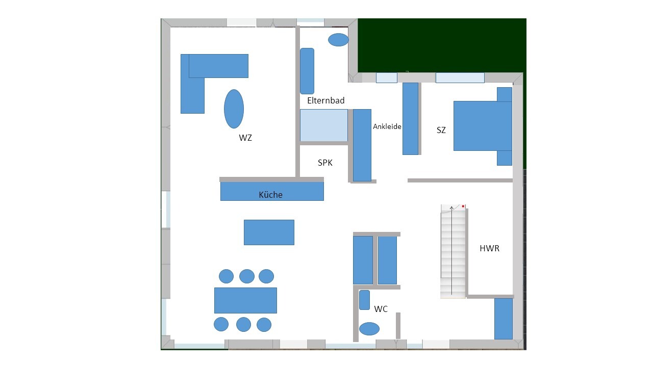 Grundriss eines Wohnraums mit WZ, Küche, SPK, Elternbad, Ankleide, SZ, HWR, WC, Treppe, Garten