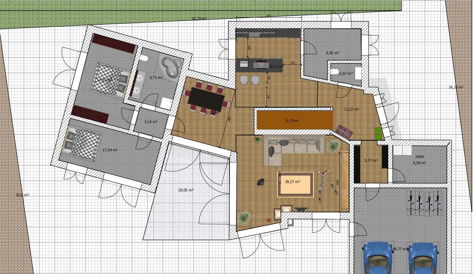 Grundriss eines Hauses mit Küche, Essbereich, Wohnzimmer, Schlafzimmern, Bad und Garten