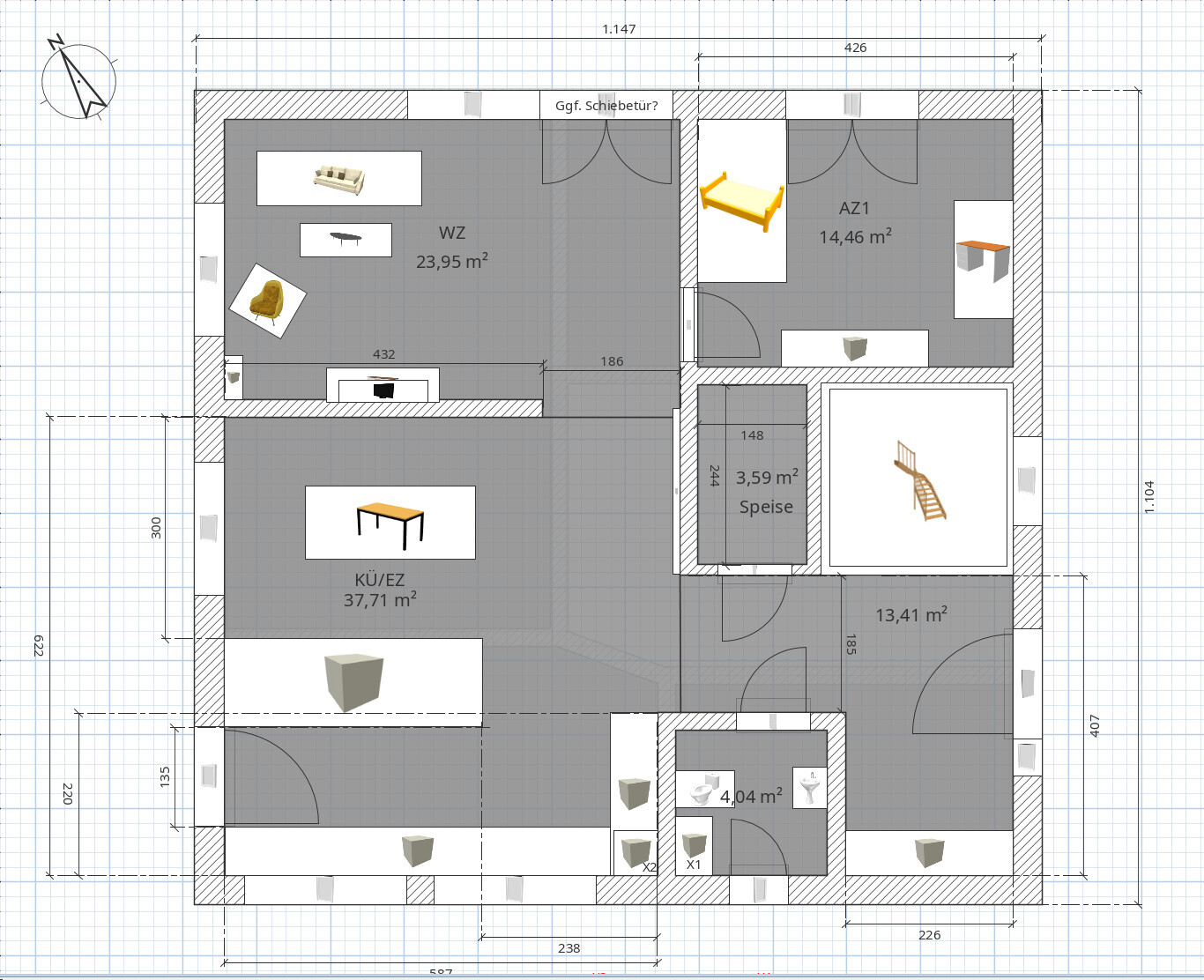 Grundriss eines Hauses mit Wohnzimmer, Küche und Speisebereich