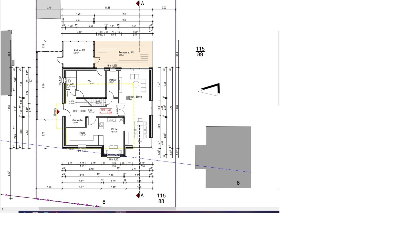 Grundriss eines Einfamilienhauses: Küche, Wohnen/Essen, Büro, Terrasse, Flur, HWR, Garderobe.