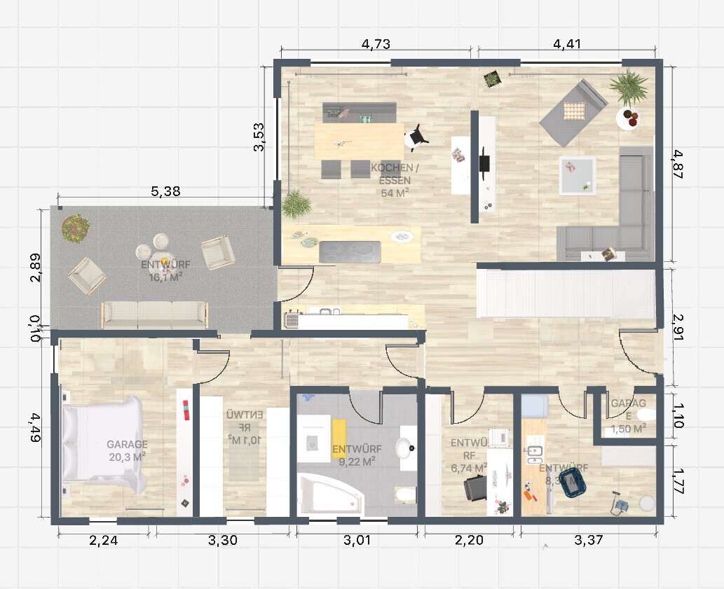 Grundriss eines Einfamilienhauses mit offener Küche, Essbereich, Wohnzimmer, Flur, Garage und Terrasse.