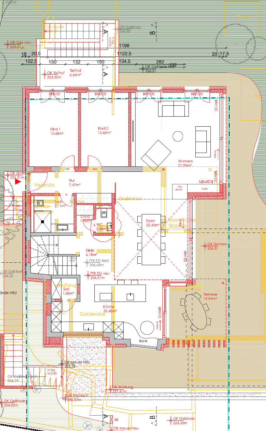Grundriss eines Hauses mit Wohnen, Essen, Küche, Veranda, Terrasse und Kinderzimmern