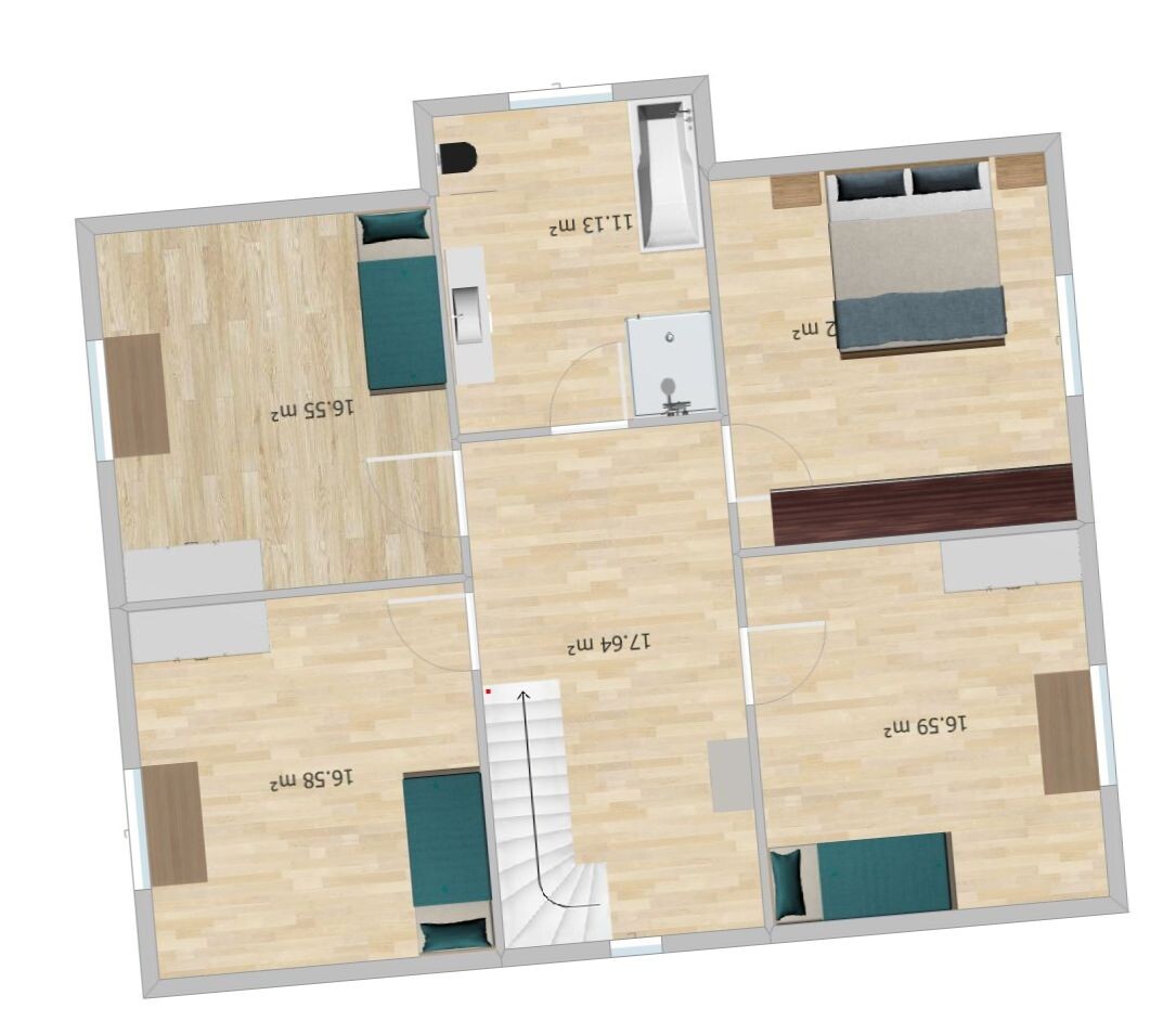 Grundriss eines Hauses von oben: Treppe in Mitte, vier Schlafzimmer mit Betten, Bad, Holzboden.