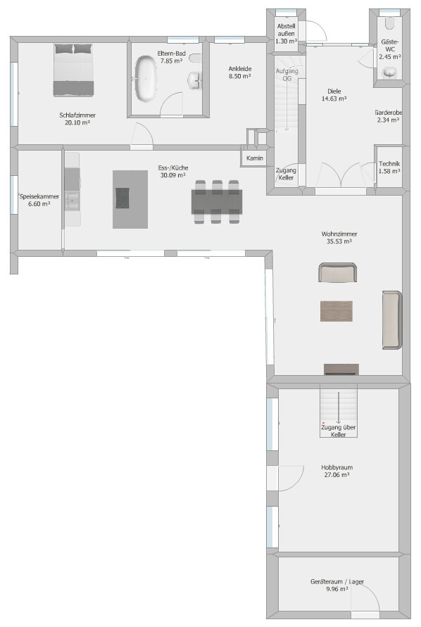 Grundriss eines Hauses mit Wohnzimmer, Essbereich, Küche, Schlafzimmer und Bad.