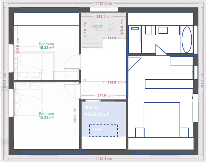 Grundriss einer Wohnung: zwei Schlafzimmer links, Flur, HWR/Kinderbad, offener Wohnbereich rechts