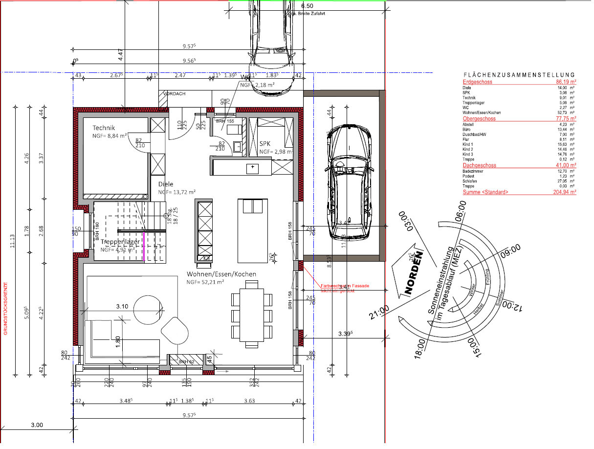 Grundriss eines Hauses: Wohnbereich, Küche, Diele, Technik und Garage mit Maßen.