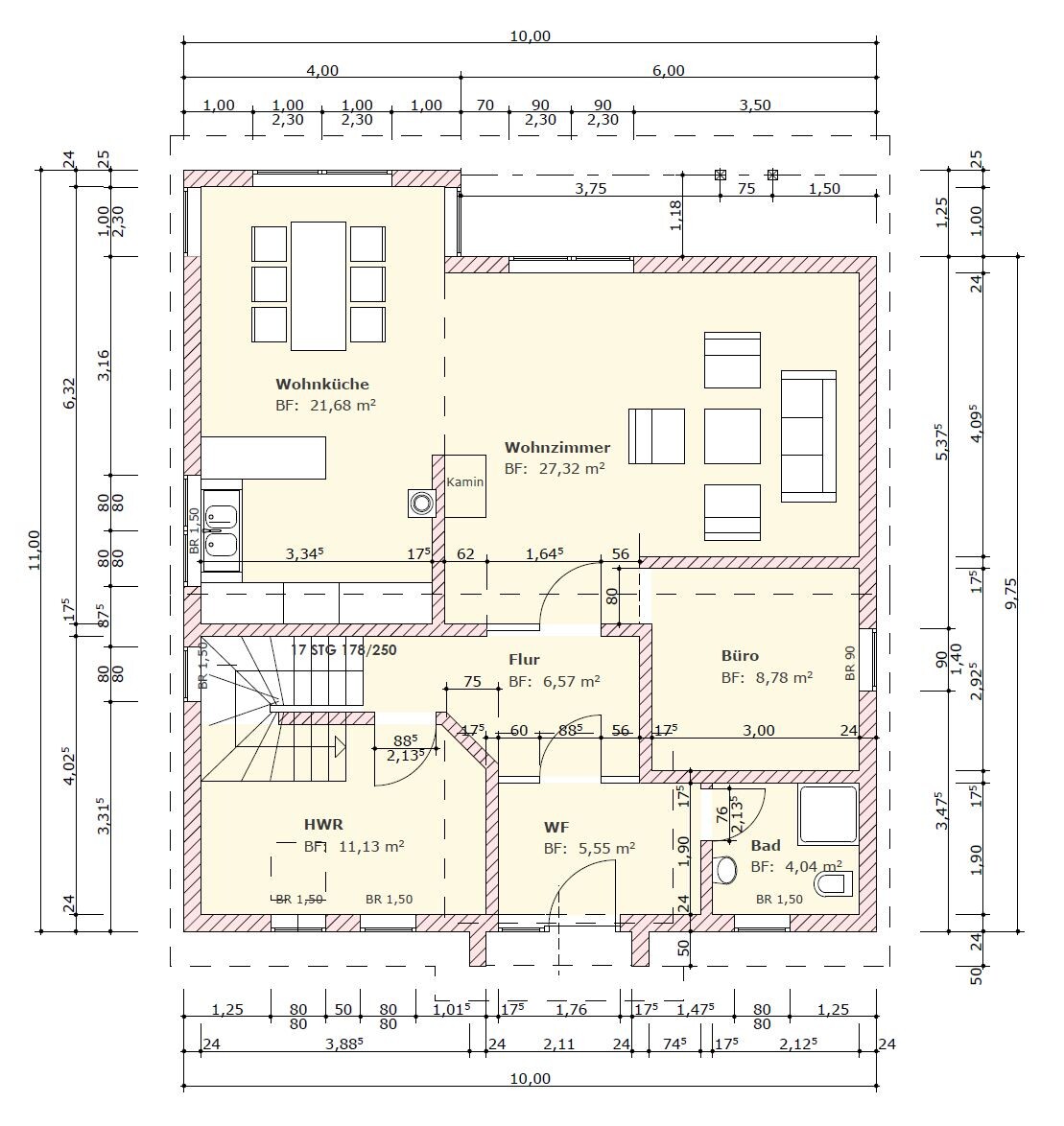 Grundriss EG: Wohnküche, Wohnzimmer, Flur, Büro, HWR, Bad, Kamin im Wohnzimmer.
