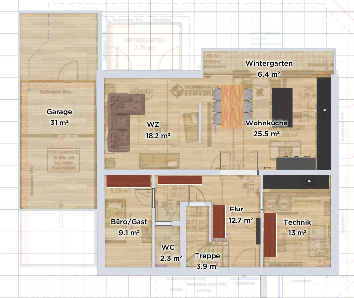 Grundriss: Garage links, Wohnzimmer, Wohnküche, Wintergarten, Büro, Flur, WC, Treppe, Technik.