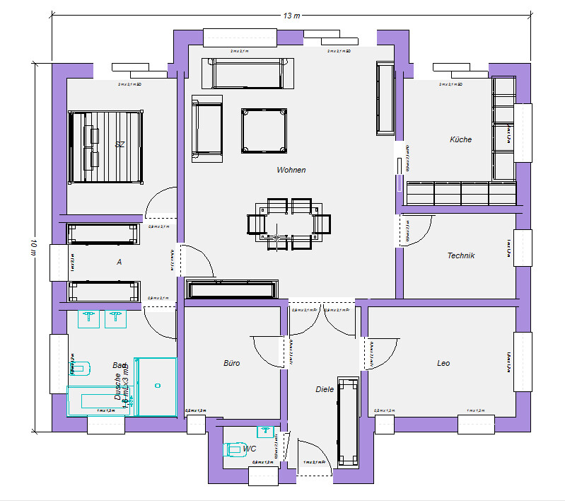 Grundriss eines Hauses mit Räumen wie Wohnen, Küche, Büro, Diele, Bad, WC, Technik.