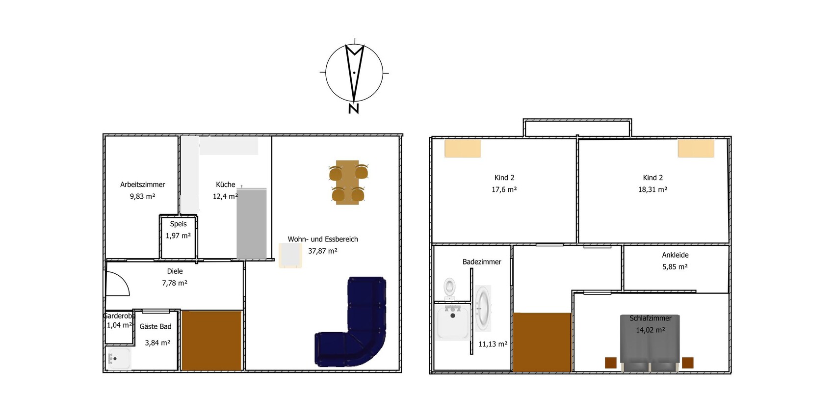 Grundriss eines Hauses: linke Seite Küche, Wohnbereich, Arbeitszimmer; rechte Seite Kind-Zimmer, Bad.
