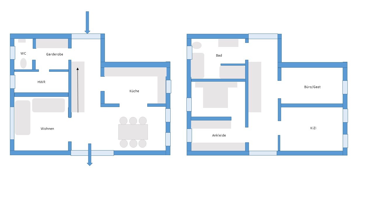 Grundriss eines Hauses mit zwei Flügeln: links Wohnen, Küche, WC; rechts Bad, Ankleide, KiZi.