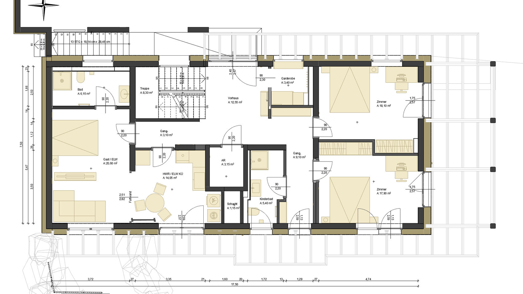 Grundriss eines Wohnhauses mit mehreren Zimmern, Bad, Küche, Treppe, Fluren und Balkon