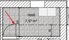 2D Grundriss eines Hauswirtschaftsraums (HWR) mit Tür und Fliesen