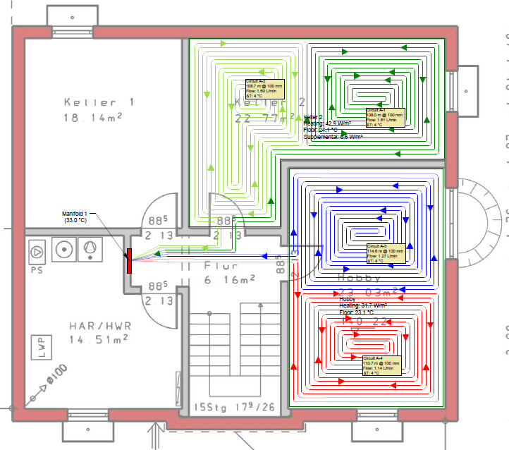 Grundriss eines Hauses mit drei Heizkreisen (grün, blau, rot) in Räumen.