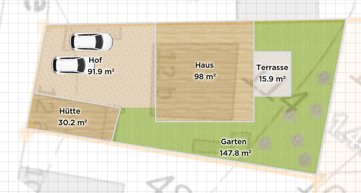Grundriss: Haus 98 m², Hof 91.9 m² mit Parkplätzen, Hütte 30.2 m², Terrasse 15.9 m², Garten 147.8 m²